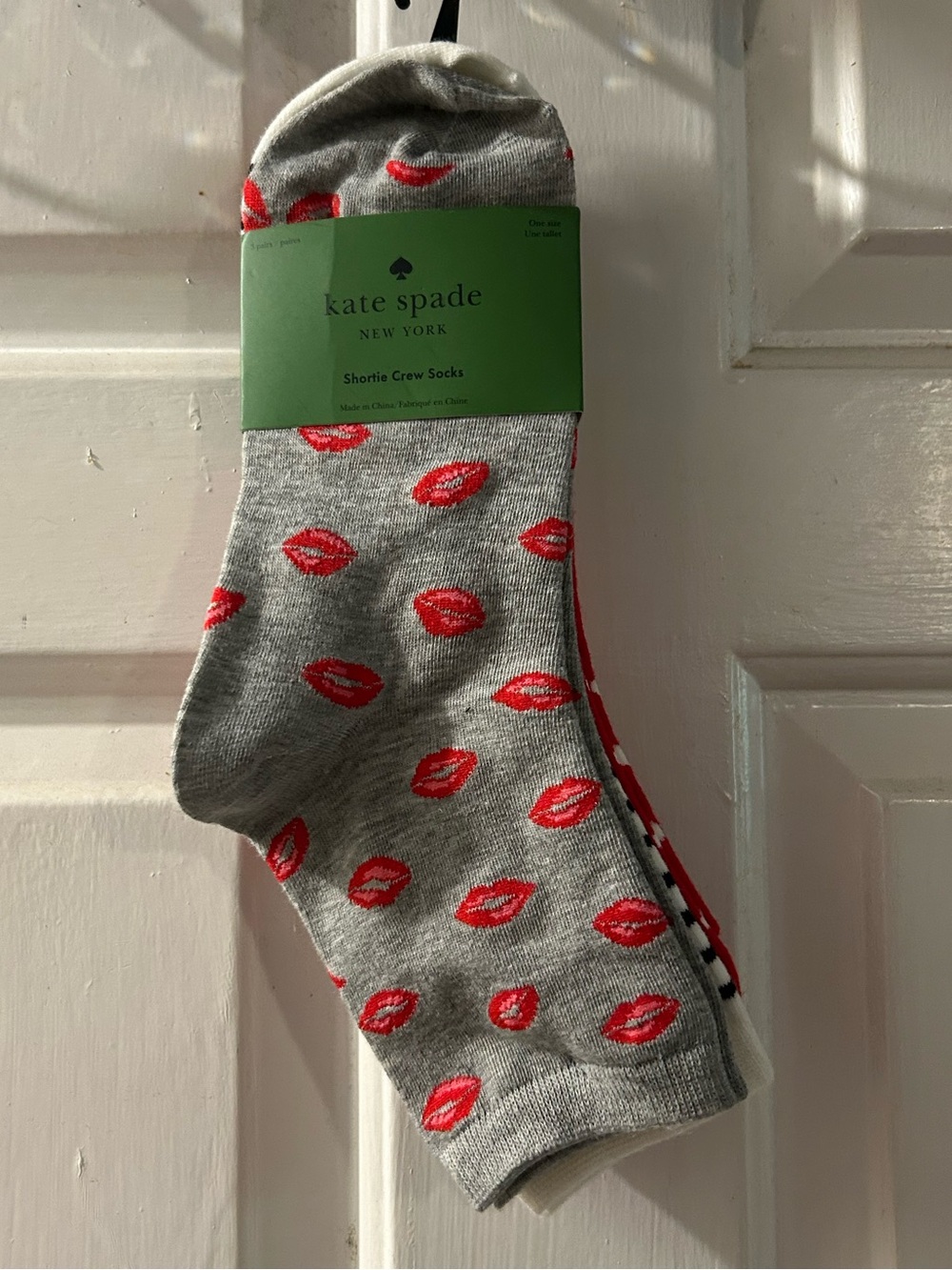 kate spade Gray Shortie Socks with Red Lip Print
